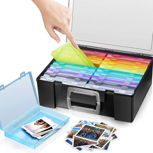 CXAFQ 4 x 6 Photo Organiser with Handle, Contains 16 Colourful Plastic Photo Organisers, Clear Photo Boxes Storage, Scrapbook Organiser Container Box For Craft, Seed, Cards Supplies