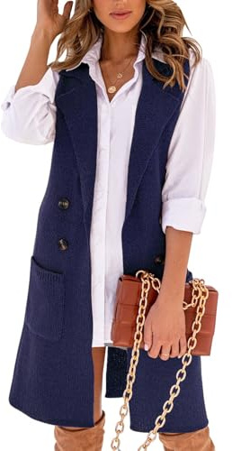 IDEALSANXUN Womens Long Sweater Vest Fall Winter Sleeveless Knit Cardigan Outerwear, Navy, Medium