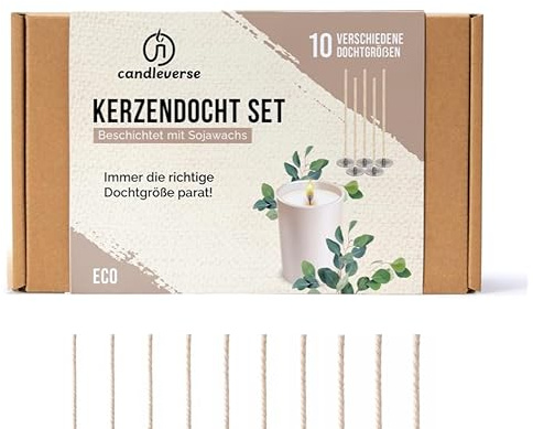 Candleverse Premium Kerzendochte ECO Set | 100 Dochte (10 pro Größe) für Verschiedene Behältergrößen | Ideal für DIY-Kerzen | Inkl. 100 Dochtaufkleber