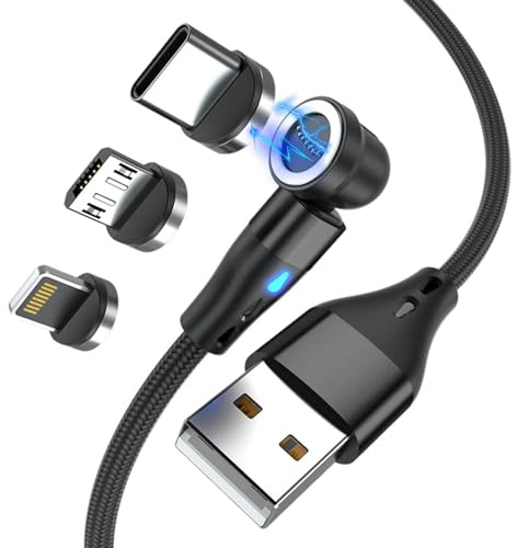 EuAcesry Magnetisches USB-C-Kabel, 2 m, 3 in 1, magnetisches Ladekabel, 360° und 180° drehbar, für Micro-USB/Typ C/i-Product, 3 A Schnellladung und Datenübertragung