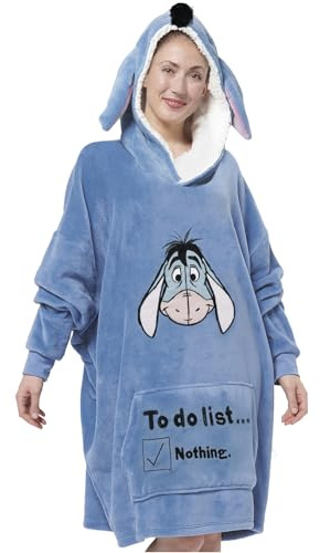 Disney I-Aah åsna oversize mysig huvtröja med öron för kvinnor – Nalle Puh överdimensionerad kvinnor gosig tröja fluffig filt tröja blå, blå, one size
