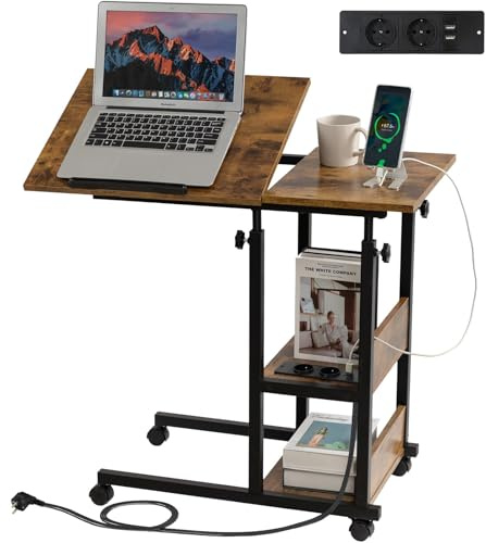 Hadulcet Beistelltisch Couch, Beistelltisch C-Form mit Rollen, verstellbare Tischplatte, Höhenverstellbar Sofatisch mit Steckdose, Laptoptisch mit Stauraum für Wohnzimmer & Schlafzimmer, Braun