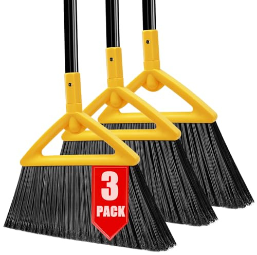 PUTNATRUE Heavy Duty Broom Outdoor and Indoor, 3 Pack Upgraded Commercial Angle Brooms, Perfect Yellow Broom of House, Kitchen, Garage, Courtyard