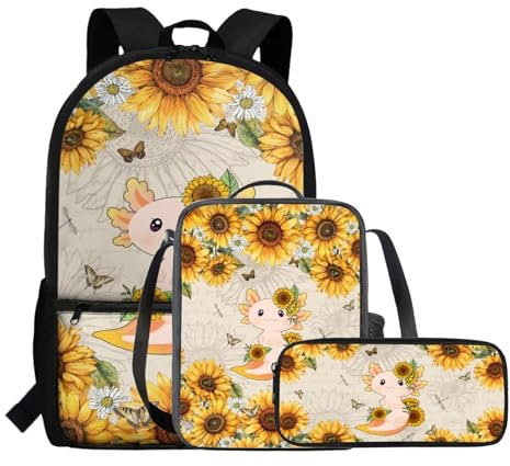 COEQINE Sunflower Axolotl Backpack And Lunch Box Floral, 5 Year Old Girls Aesthetic Bookbag for Kids School Bag for Toddler Lightweight Laptop Book Bag for Birthday 3 Pcs