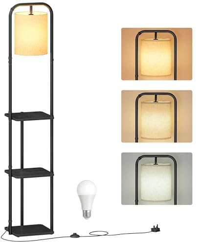 VASAGLE Lámpara de Pie con 3 Estantes, Navidad, Lámpara de Pie, Lámpara de Salón, Incluye Bombilla LED, con Interruptor de Pie, Pantalla de Tela, para Salón y Dormitorio, Negro Tinta LFL001BD02