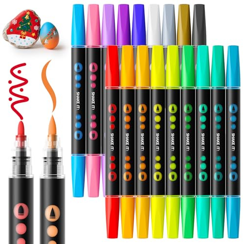SUNEE Acrylstifte Set, 18 Farben Dual Tip Marker Stifte mit Bullet und Pinselspitze, Acrylmarker für Stein wasserfeste, Holz, Leinwand, Glas, DIY-Basteln, Erwachsene und Kinder