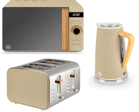 Swan Nordic Oatmeal 1.7L 3KW Kettle, 4 Slice Toaster & 800W 20L Microwave. Scandinavian Inspired Design Matching Kitchen Set with Oatmeal Matt Finish, Stainless Steel Accents and Acacia Wood
