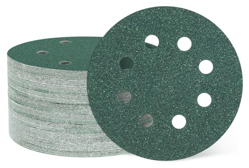 sourcing map 50 Pcs 5 Inch Sanding Disc 8 Hole 60 Grit Green Zirconia | Hook and Loop Sandpaper Random Orbital Sander Pads for Woodworking Metal Stone Grinding and Polishing