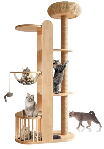 Rascador grande, pesado y estable, de madera maciza, 190 cm – Árbol rascador XXL con revestimiento de sisal, 3 plataformas, 1 casa tejida para gatos y juguete para ratón, robusto árbol de escalada