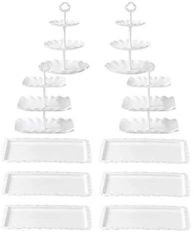 Lifegogo 10Piece White Cake Stand Set: Reusable Plastic Cupcake Stand with 2Pcs 3-Tier Square Cake Stands 3-Tier Round Cupcake Stands 6Pcs Dessert Tray for Tea Party Birthday Baby Shower