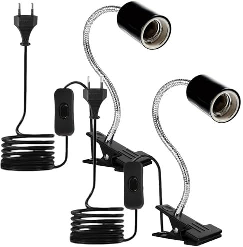 BAIFULAI 2 Stück E27 Klemmleuchte Lampenfassung, 360° Verstellbarer Schwanenhals, E27 klemmlampe Langes Kabel mit Stecker&Schalter, Lampenfassungen für Tiere Wachsende Pflanze (ohne Glühbirne)