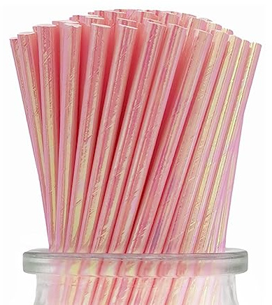 Iriserande rosa papperssugrör, [förpackning med 100] regnbåge rosa engångs cocktail sugrör party sugrör för bröllop tillfällen drycker dekoration festtillbehör