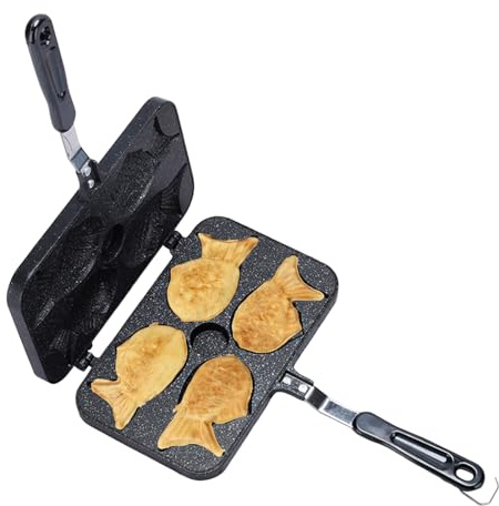 Taiyaki - Gaufrier à poisson - Revêtement antiadhésif en forme de poisson - Avec 4 cavités - Poêle à cupcake double face - Chauffage avec flamme ouverte - Maison, appartement, cuisine, voyage