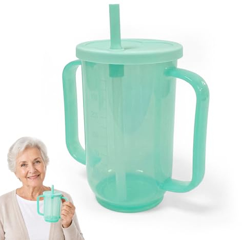 BOBPPOP Adult Sippy Cup, 350ML Non-Spill Drinking Cups for Elderly with Straw and Lid, Spill-Proof Free Flow Beakers for Convalescent Care and Hospital Use, Green