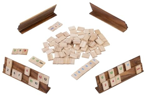Rummy Spiel Holz – Klassisches Zahlenlegespiel mit Holzsteinen, Holzständern & Aufbewahrungsbox – Gesellschaftsspiel für 2–4 Spieler