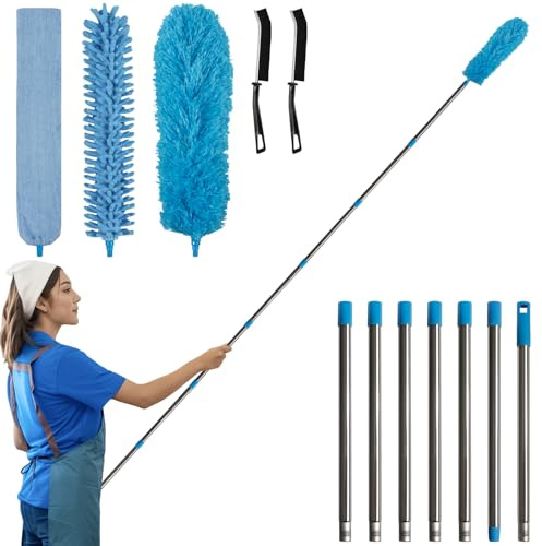 marysgift 122in / 310cm Feather Duster Extendable,Washable Bendable Chenille Microfibre Dusters,Gap Cleaning Tool Set,Long Feather Duster for High Ceilings,2 Crevice Cleaning Brush for Home (Blue)