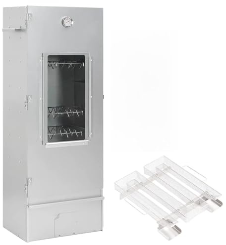 Rökugn med kallröksgenerator av galvaniserat stål, 44,5 x 29 x 110 cm med termometer och glasfönster, inklusive 12 S-krokar, 3 rost, 1 kg träflis för utomhusbruk, BBQ och camping