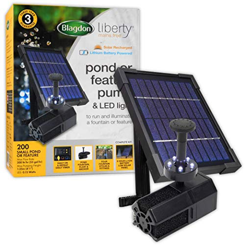 Blagdon Liberty Mains Free Solar Recharge Pond or Water Feature Pump with LED Light Ring, Intelligent Timer Control, Float, 4 Fountain Heads, Ground Spike & Fittings, Max Flow Rate 200 ltr/hr, Black