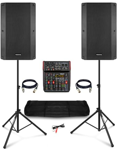 Band PA System Package for Live Bands and Events with 15 Vonyx VSA150S Speaker Pair, 6-Channel USB Mixer, Speaker Stands, and Cables, Complete PA Solution