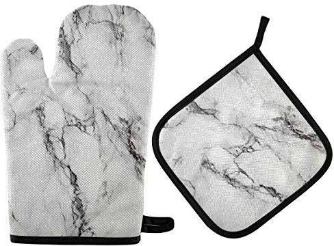 Oven Gloves and Pot Holders Set Gray Marble Oven Mitts Heat Resistant to 400 F Kitchen Non-Slip Grip Oven Gloves for Microwave BBQ Cooking Baking Grilling