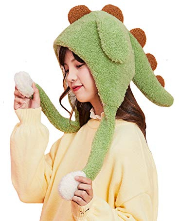 Doladola Söt vintermössa av plysch för kvinnor och flickor, med dinosauriesvans och rörliga kaninöron storlek One size, Grön, one size