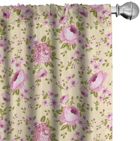 ABAKUHAUS Pivoine Ensemble de 2 Panneaux de Rideaux, Hortensias sur Les Branches, Traitement de Fenêtre Léger, 150 cm x 225 cm, Vert Olive Rose pâle