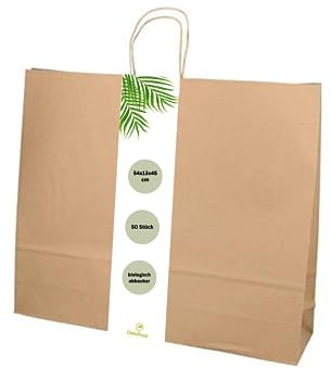 DeinPack 50 Papier Tragetaschen 54 x 13 x 45 cm groß I Umweltschonende Papiertüten Geschenktüten Papiertragetaschen biologisch abbaubar, kompostierbar I braune Papier Tüten