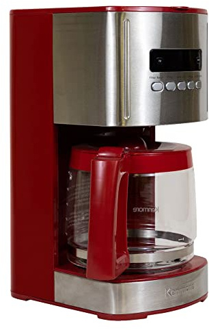 Kenmore Filter Coffee Machines 12-Cup Drip Coffee Makers with 1.8L Glass Pot for Ground Coffee Programmable Timer Digital Display Auto Shut Off Reusable Filter Warming Plate (Stainless Steel/Red)
