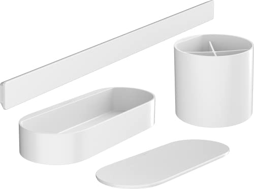 hansgrohe WallStoris - Badezimmerset, Zubehör Set für das Bad ohne bohren, 4-teilig, Wandstange, Ablagekorb, Deckel, Zahnputzbecher, Badezimmer Zubehör, Mattweiß, 27968700