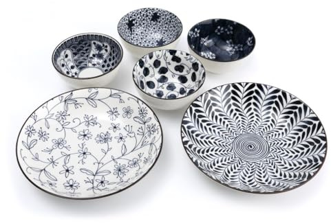 lachineuse - Coffret Repas Japonais - 2 Asiettes Creuses ⌀ 21 cm & 4 Bols à Riz ⌀ 11,5 cm - Style Asiatique Fleurs - Coloris Bleu & Blanc - Vaisselle Japonaise Traditionnelle Zen - Idée Cadeau Japon