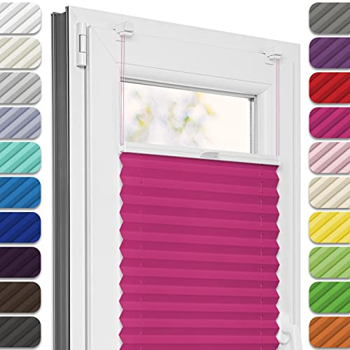 Estika Plissee ohne Bohren, Premium Klemmfix - 75cm Breite x 180cm Höhe - Himbeere - Metal Plisseehalter ohne Bohren, Modern Sichtschutz für Fenster, Jalousien Fenster für innen