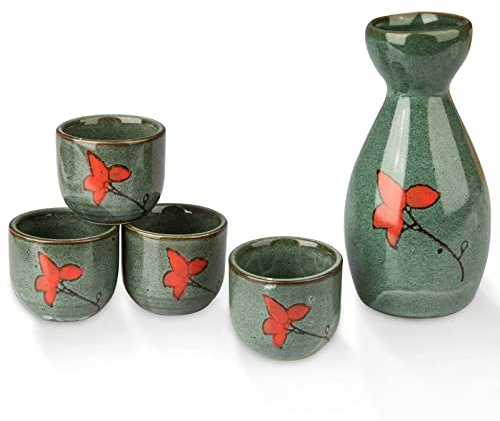 CYLBAQ Sake Cup Set, 5 Piece Japanese Sake Set (150ML Bottle & 40ML Cup) Traditional Hand Painted Porcelain Pottery Foggy Style Ceramic Wine Glasses Crafts Sake Saki Set Sake Bottle Saki Cups