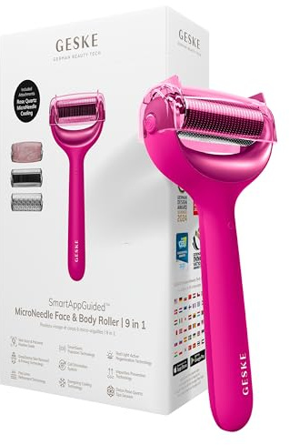 GESKE MicroNeedle Face & Body Roller 9-i-1 med Rosenkvarts | Elektrisk Dermaroller, SmartSonic Pulsering, Rött Ljus, Kylfunktion, Smart App, Ansikte och Kropp, Hudförnyelse, Magenta
