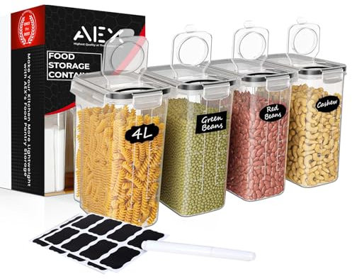AEX Airtight Food Storage Container - Set of 4 Leak‑Proof Cereal Storage Containers with Lids | BPA-Free Kitchen Pantry Storage Organiser - Flour Sugar Pasta Dry Food Storage Jars - 4L Capacity