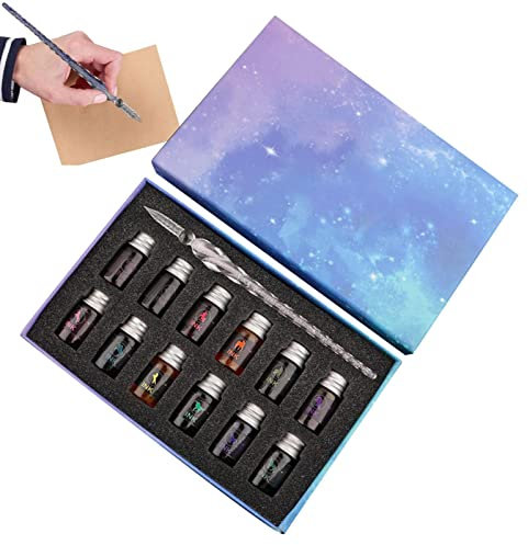VENTDOUCE Dip-Stift aus Glas,Kalligrafie-Stifte mit Verlaufssternenhimmel, Set mit 12 Farbtinten - Kalligraphie-Füllfederhalter-Set, Kristallglas-Stifte für Unterschriften, Handschriften