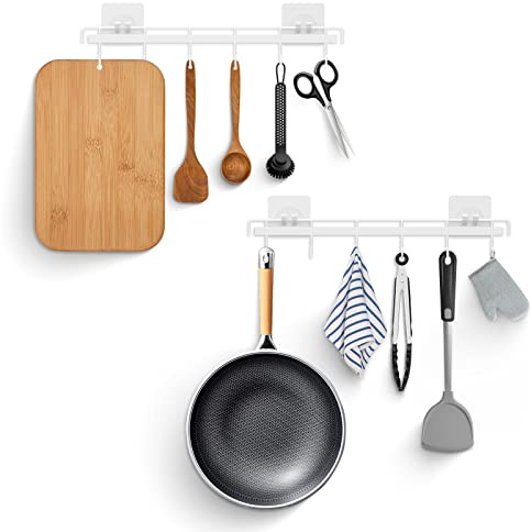 Hangerspace Utensil Rack Kitchen Utensil Holder Rail with 6 Hooks Space Saving No Drilling Wall Mounted Self Adhesive for Kitchen Bathroom Bedroom（White）