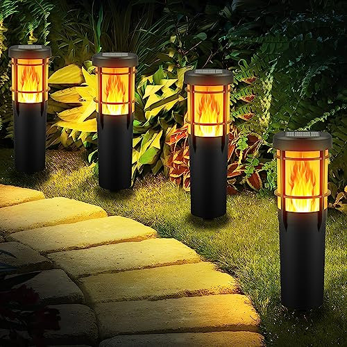 Ainostone Solarlampen für Außen 4 Stück Solarfackeln mit Realistischer Flammeneffekt RGBW Solarleuchten mit 2 Beleuchtungsmodi IP65 Wasserdicht Gartenfackeln für Garten Terrasse Weg Weihnachten Deko