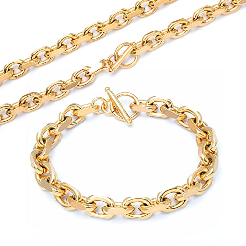 Armband + Halskette Set aus massivem 316L Edelstahl dicke Ankerkette silber gold schwarz mit zuverlässigem Knebelverschluss Männerschmuck Geschenk (Gold)