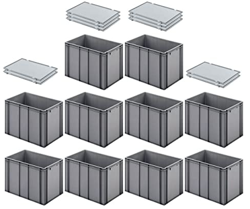 PROREGAL SuperSparSet 10x Eurobehälter mit geschlossenem Griff & Scharnierdeckel | HxBxT 42x40x60cm | 70 Liter | Grau | Eurobehälter Transportbox Transportbehälter Stapelbehälter