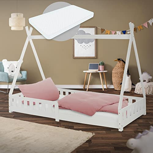 ML-Design Cama Infantil Tipi Blanca 200x90 cm con Colchón Hipoalergénico 16cm, Protección Anticaída y Somier, Cuna Juvenil de Madera Maciza de Pino para Niño en Forma de Casa, Juego Lecho de Suelo