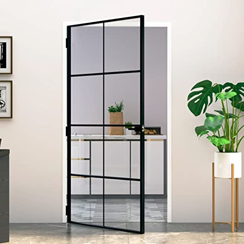 Homgoday Puerta interior negra, 102 x 201,5, vidrio templado, aluminio fino, puerta de entrada, puerta de entrada exterior, para jardín, terraza, exterior, interior