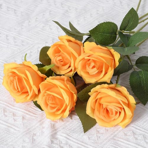 5 Stück Künstliche Rosen,Kunstblumen Rose Künstlich Blumenköpfe Fake Rosen mit Stielen für Hochzeit Party Valentine's Day Nach Hause Halloween Vase Tischdeko Thanksgiving Zuhause Dekoration,Orange