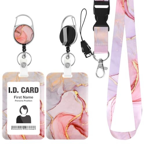 Amabro Marmor Ausweishalter Lanyard Set mit Schlüsselanhänger - Vertikaler Kartenschutz, Kunststoffeinziehbar in Pink