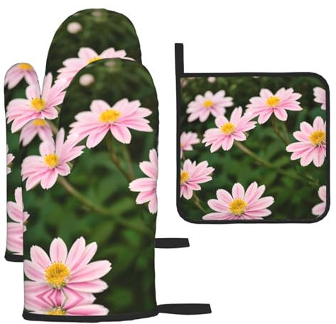 Ofenhandschuhe und Topflappen-Set, widerstandsfähige, rutschfeste Grillhandschuhe für Küche, Kochen, Backen, Grillen, Rosa, Weiß, Gold, Blumendruck