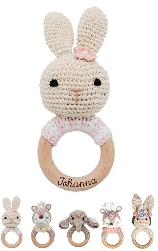 wunderwunsch® - Personalisierter Beißring Baby - Niedlicher Greifling für Baby's ab 0 Monate - Babyrassel mit Name als Baby Geschenk für Mädchen und Jungen (Hase gestreift rosa,mit Gravur)