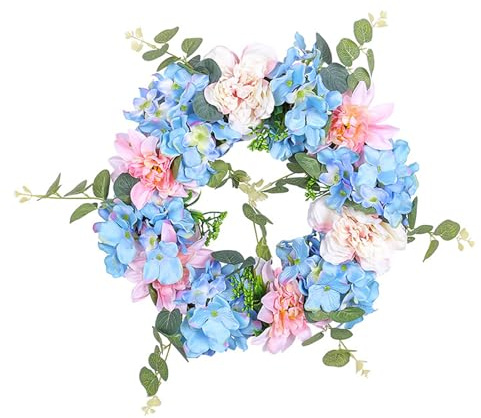 BFYDOAA 30 cm Blauer Hortensienkranz für die Haustür, Seidenkranz auf Weinrebenbasis, Frühlingskranz mit Grünen Blättern für Hochzeit, Wanddekoration, Heimdekoration