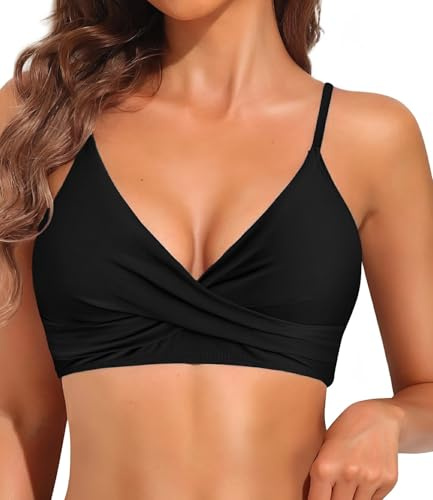 VividHarbor Women's Twist Front V Neck Bikini Top Padded Adjustable Spaghetti Straps Bathing Suit Tops Only Black