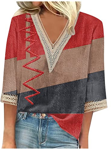 SCBFDI Bluse Damen Elegant, 3/4 Ärmel Tunika Tops für Frauen Geometrisch | Grafik Mexikanische Hemden V-Ausschnitt Patchwork Elelgant Bauer Baumwollblusen Boho-Kleidung