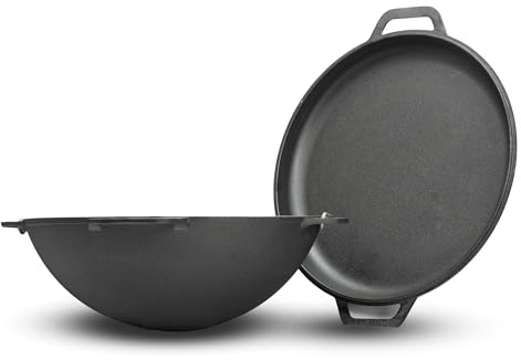 4BIG.fun 10L Gusseisen Schwenktopf Kazan Asia Kasan mit Deckel-Bratpfanne aus Gusseisen Grillwok Wokpfanne Grill Cast Iron Campingtopf Kessel Wok Traditioneller