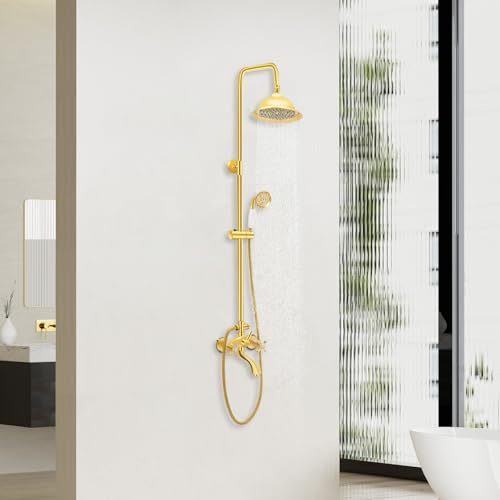 PUDLOR Système de douche vintage doré en acier inoxydable - Système de douche à effet pluie - Avec douchette - Accessoires - Colonne de douche murale en acier inoxydable - Convient pour les